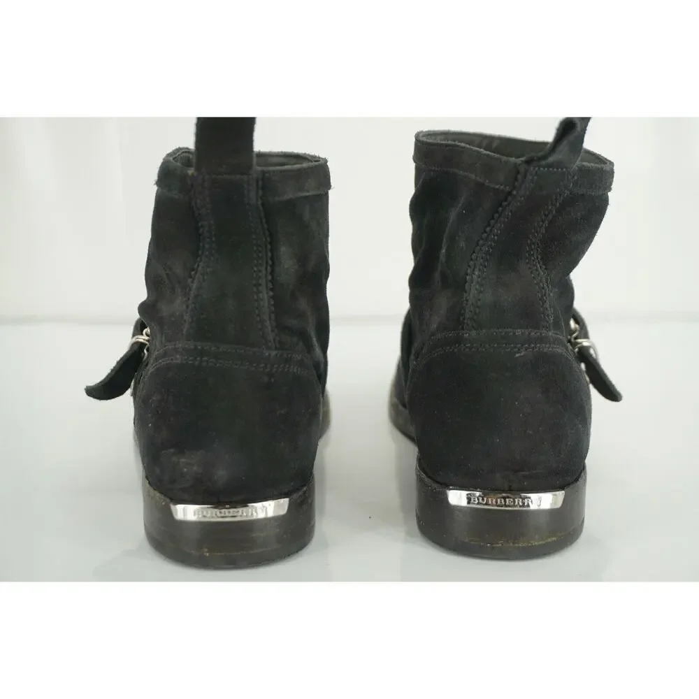 Burberry Black Suede Motor Biker Short Ankle Boots Size 35 House Check